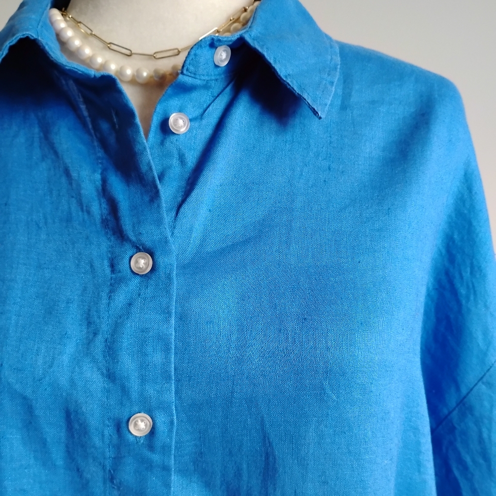 H&M Linen Oversized Swing Style Button Down Shirt Royal Blue Minimalist Size Med - Picture 5 of 14